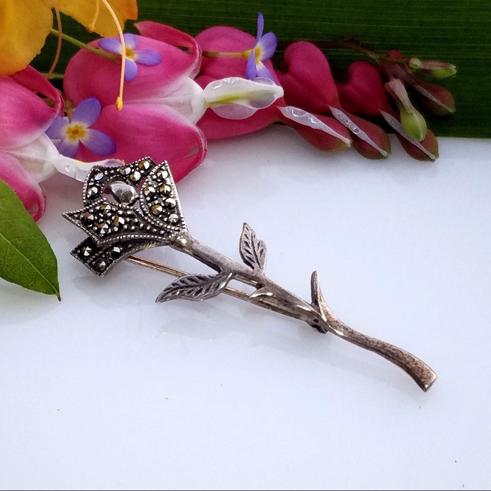 🆕RARE!! Sterling Silver Marcasite Rose Pin/Brooch